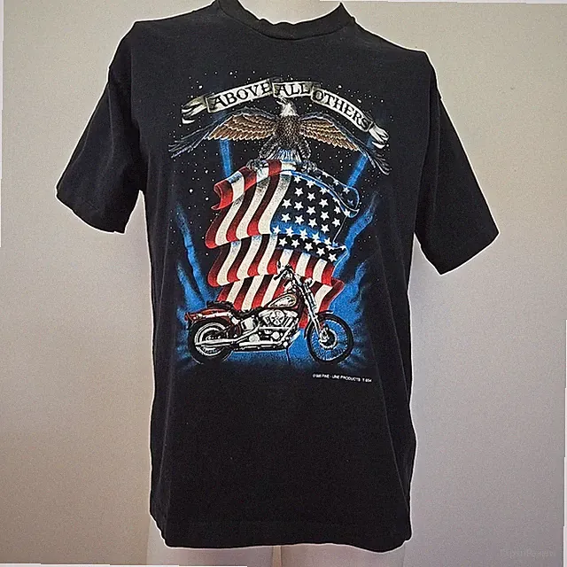 VTG 90s Single Stitch Biker T Shirt American Flag Eagle Above All Others M/L USA